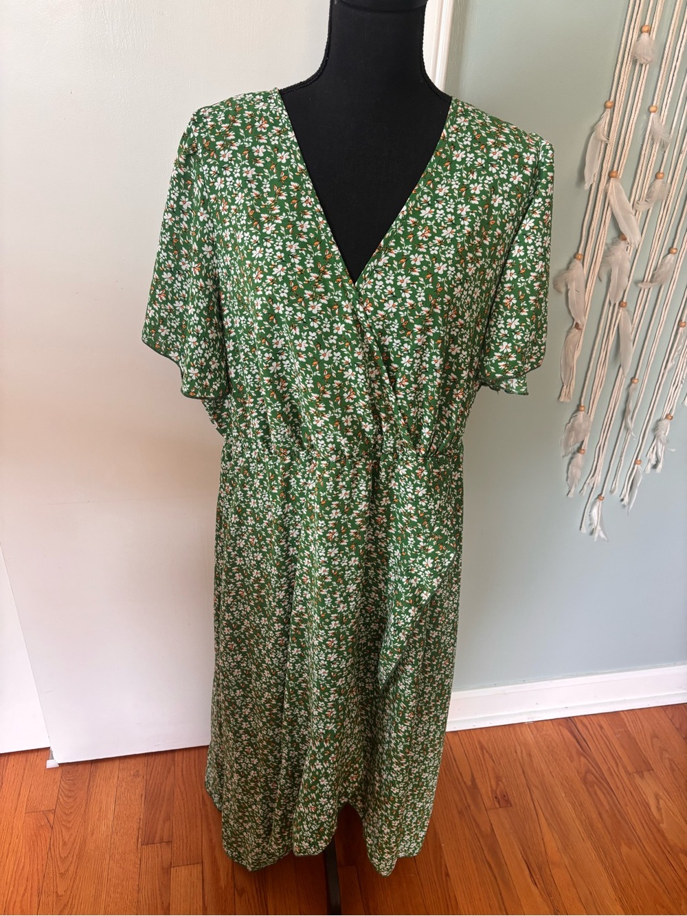 Green Floral Wrap Midi Dress